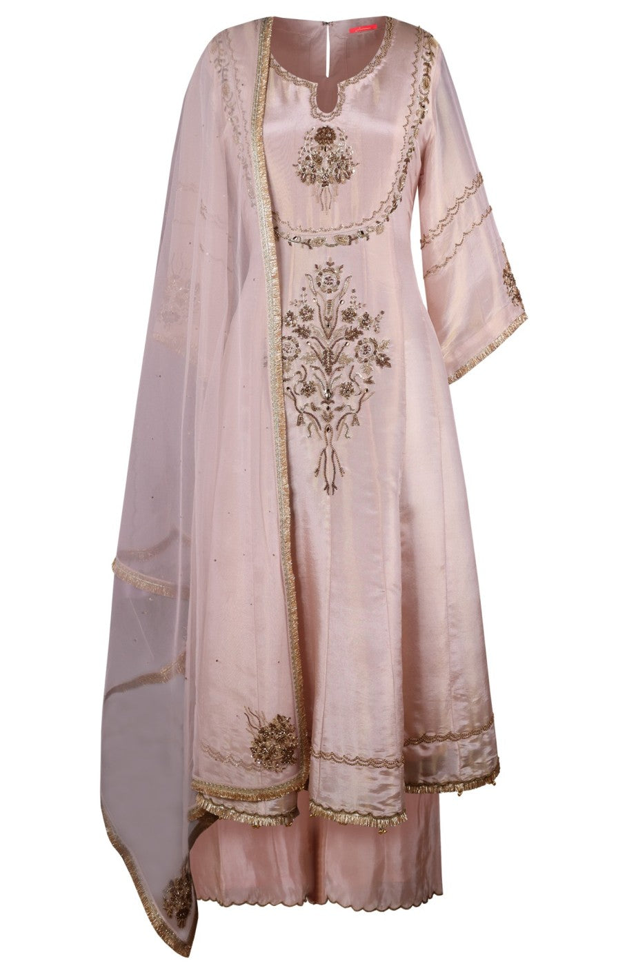 BEIGE ORGANZA HAND EMBROIDERED ANARKALI SUIT