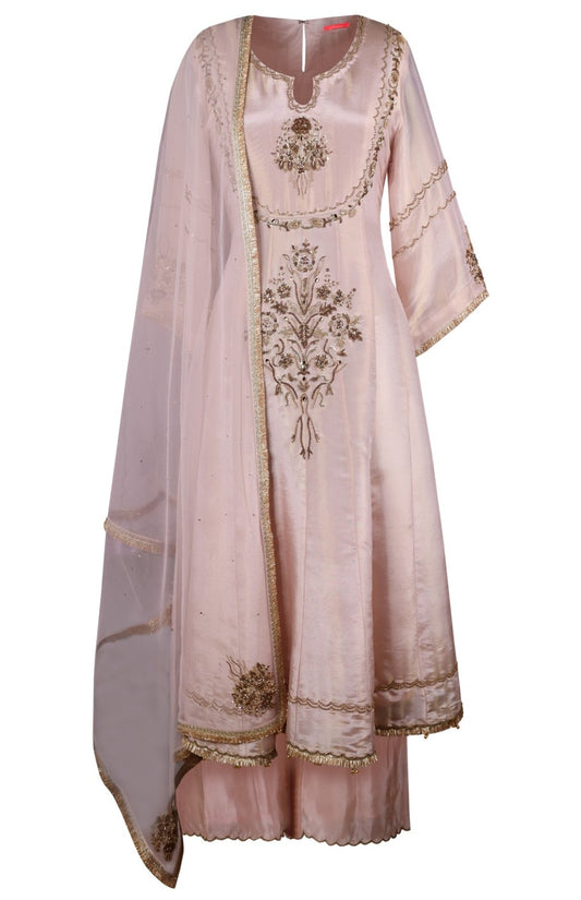 BEIGE ORGANZA HAND EMBROIDERED ANARKALI SUIT