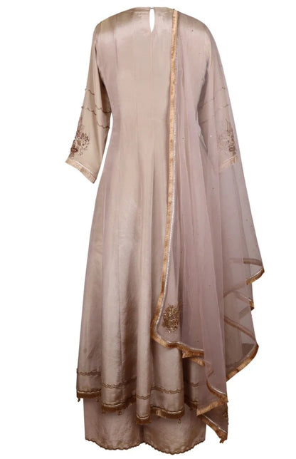 BEIGE ORGANZA HAND EMBROIDERED ANARKALI SUIT