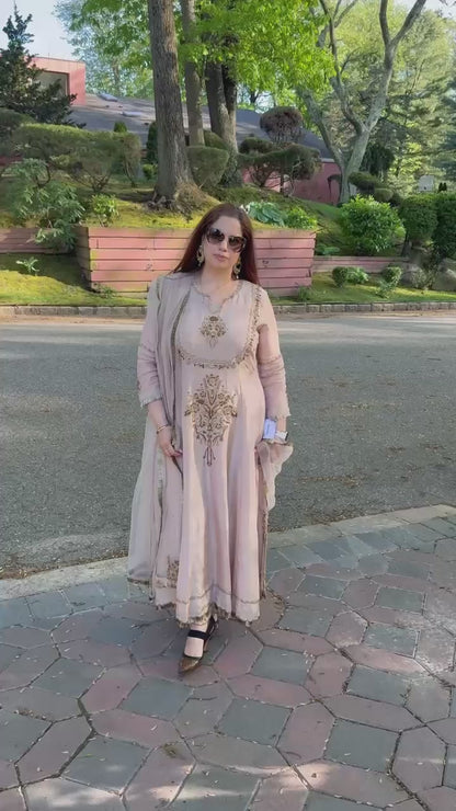 BEIGE ORGANZA HAND EMBROIDERED ANARKALI SUIT